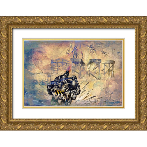 Space soldier against Aliens Gold Ornate Wood Framed Art Print with Double Matting by Kulik, Rafal