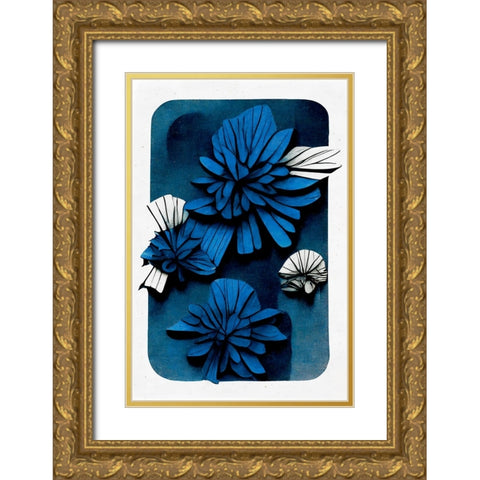 Blue Blossoms Gold Ornate Wood Framed Art Print with Double Matting by Treechild