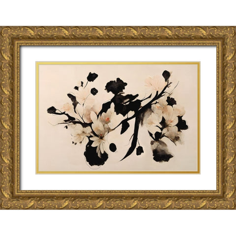 Cherry Blossom Branch Gold Ornate Wood Framed Art Print with Double Matting by Treechild