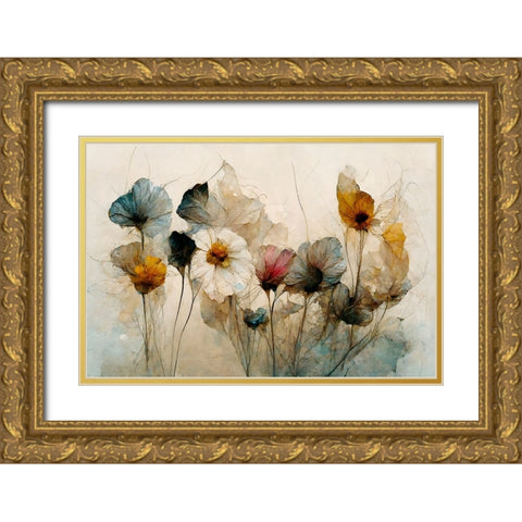 Dry Flower Bouquet Gold Ornate Wood Framed Art Print with Double Matting by Treechild