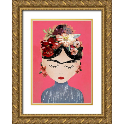 Frida (Pink Version) Gold Ornate Wood Framed Art Print with Double Matting by Treechild