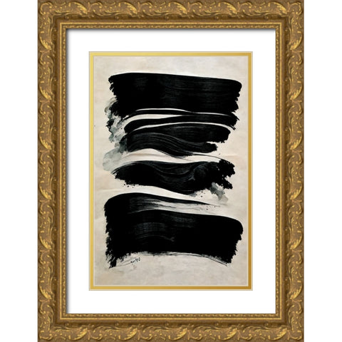Black Strokes Gold Ornate Wood Framed Art Print with Double Matting by Treechild