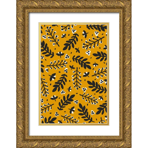 Branches And Berries (Yellow) Gold Ornate Wood Framed Art Print with Double Matting by Treechild
