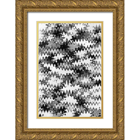 Black And White Zig Zag Pattern Gold Ornate Wood Framed Art Print with Double Matting by Treechild