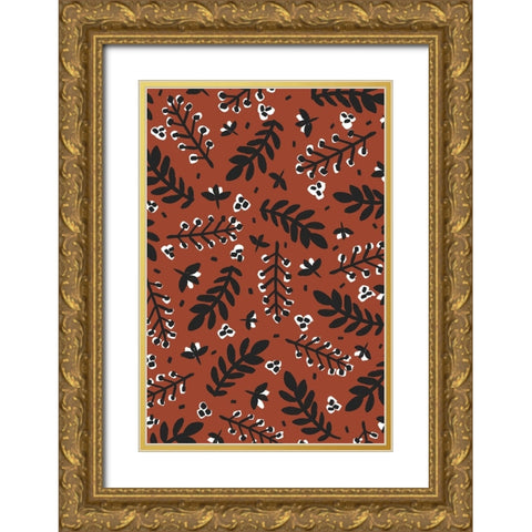 Banches And Berries (Brown) Gold Ornate Wood Framed Art Print with Double Matting by Treechild