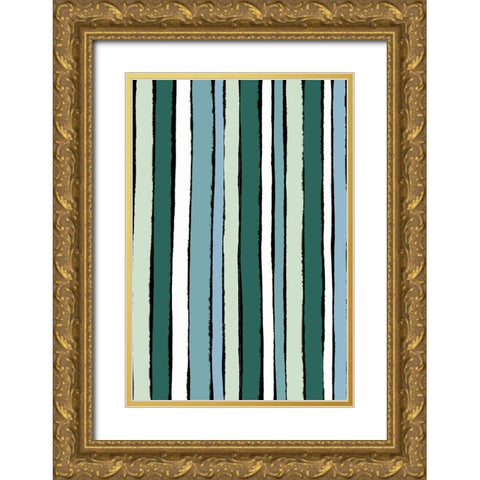 Smaragd Green Stripes Gold Ornate Wood Framed Art Print with Double Matting by Treechild
