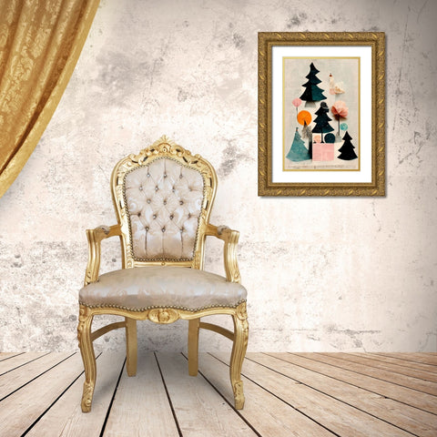 Cute Pine Tree Composition Gold Ornate Wood Framed Art Print with Double Matting by Treechild