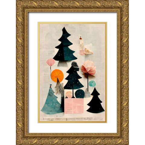 Cute Pine Tree Composition Gold Ornate Wood Framed Art Print with Double Matting by Treechild
