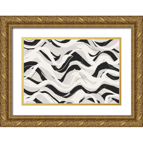 White Black Waves Pattern Square Gold Ornate Wood Framed Art Print with Double Matting by Treechild
