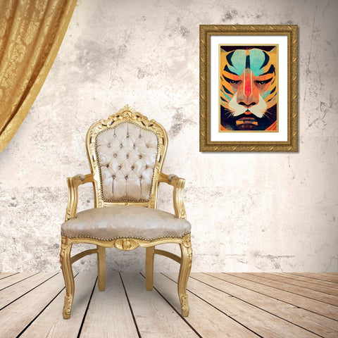 Strong Tiger Gold Ornate Wood Framed Art Print with Double Matting by Treechild
