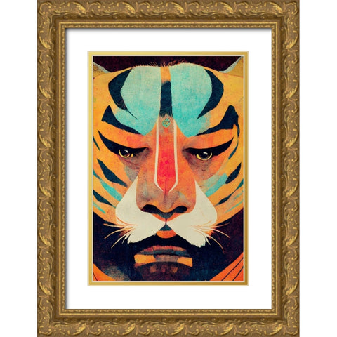 Strong Tiger Gold Ornate Wood Framed Art Print with Double Matting by Treechild
