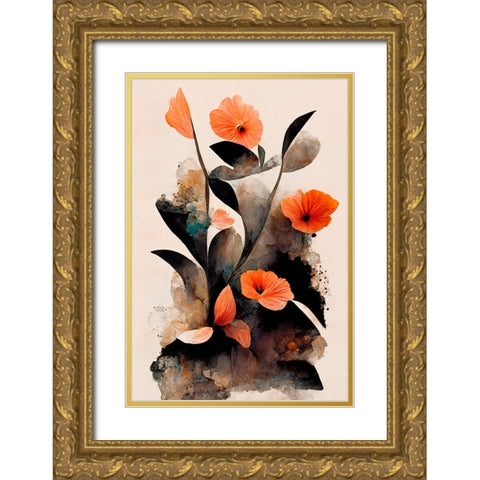 Coral Flowers Gold Ornate Wood Framed Art Print with Double Matting by Treechild