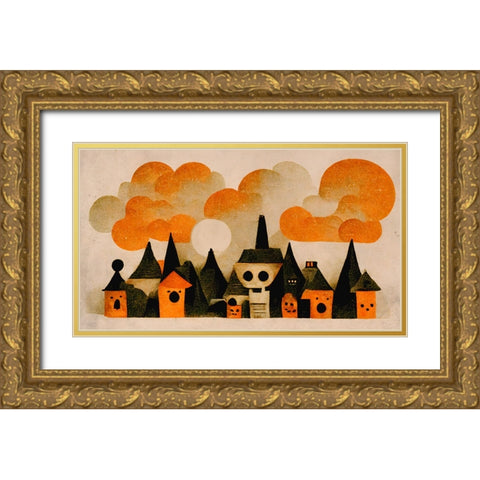 Spooky Wooky Village Gold Ornate Wood Framed Art Print with Double Matting by Treechild