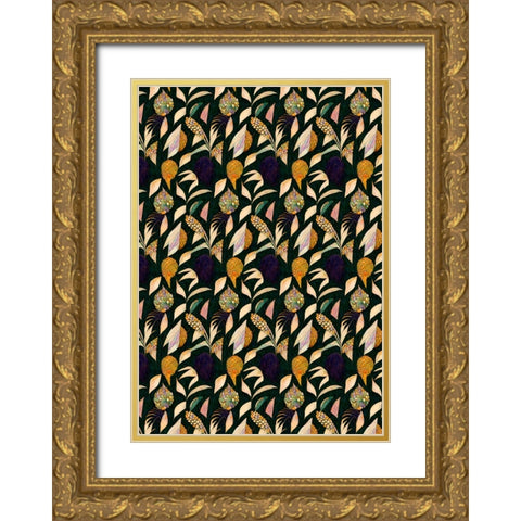 Leafs And Corn Pattern Gold Ornate Wood Framed Art Print with Double Matting by Treechild