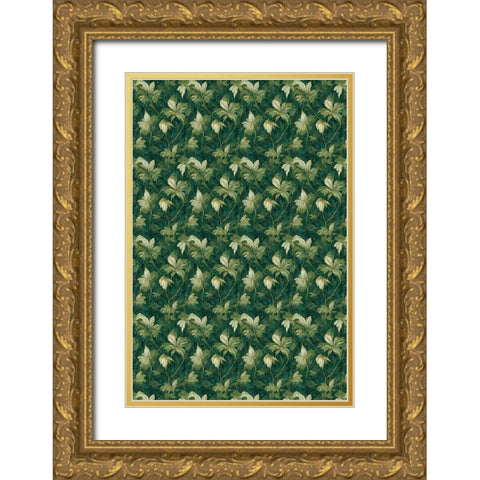 Green Leafs Pattern Gold Ornate Wood Framed Art Print with Double Matting by Treechild