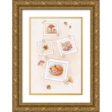 Kawaii Fox Gold Ornate Wood Framed Art Print with Double Matting by Thai, Xuan