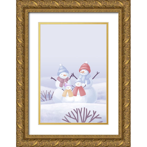 Snowman Family Animated Gold Ornate Wood Framed Art Print with Double Matting by Thai, Xuan