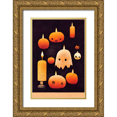 Candles - Pumpkins And A Ghost Gold Ornate Wood Framed Art Print with Double Matting by Treechild