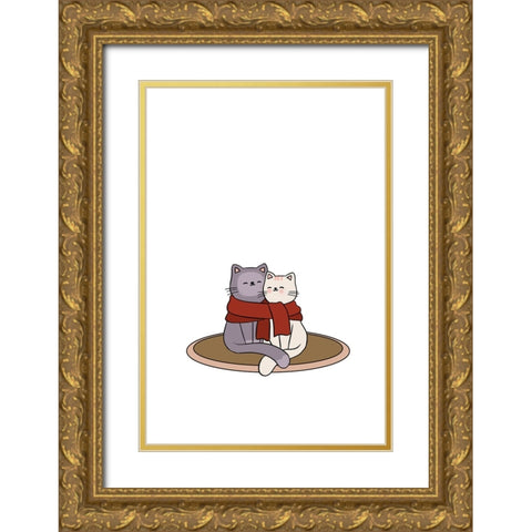 Cute Cat Couple Gold Ornate Wood Framed Art Print with Double Matting by Thai, Xuan