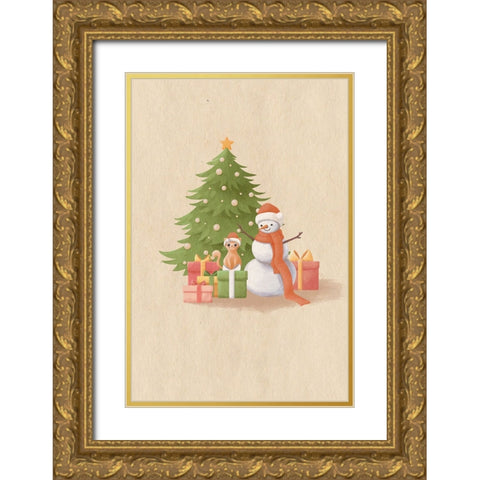 Snowman And Cat Gold Ornate Wood Framed Art Print with Double Matting by Thai, Xuan