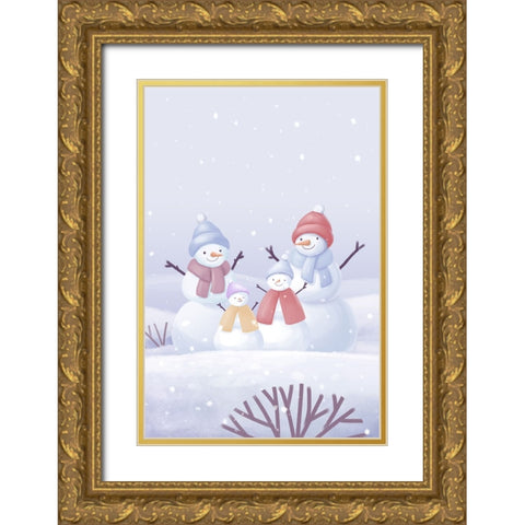 Snowman Family Gold Ornate Wood Framed Art Print with Double Matting by Thai, Xuan
