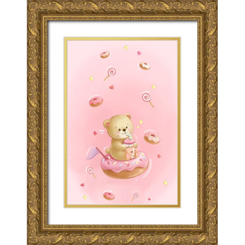Teddy Bear and Donut cake Gold Ornate Wood Framed Art Print with Double Matting by Thai, Xuan