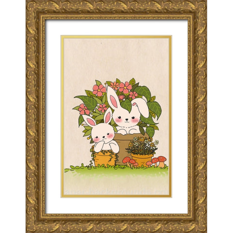 Couple Bunny Gold Ornate Wood Framed Art Print with Double Matting by Thai, Xuan