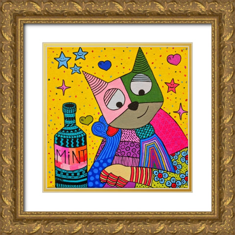 Cat and bottle of mint Gold Ornate Wood Framed Art Print with Double Matting by Khamitova, Gulnara