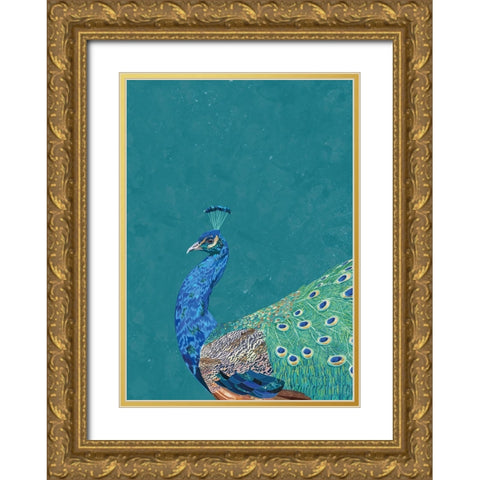 Turquoise Peacock Gold Ornate Wood Framed Art Print with Double Matting by Manovski, Sarah