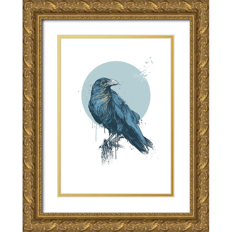 Blue crow Gold Ornate Wood Framed Art Print with Double Matting by Solti, Balazs