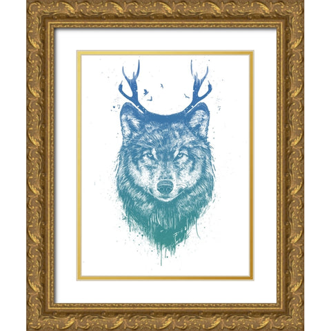 Deer wolf Gold Ornate Wood Framed Art Print with Double Matting by Solti, Balazs