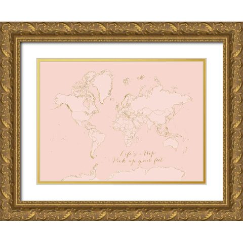 Inspirational pink and gold world map Gold Ornate Wood Framed Art Print with Double Matting by Laiz Blursbyai, Rosana