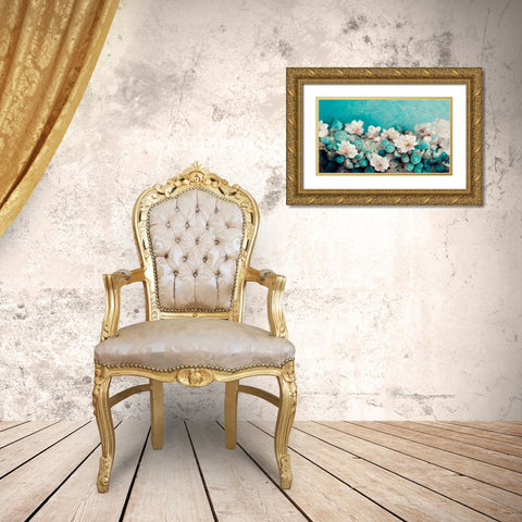 Turquoise Buds Gold Ornate Wood Framed Art Print with Double Matting by Treechild