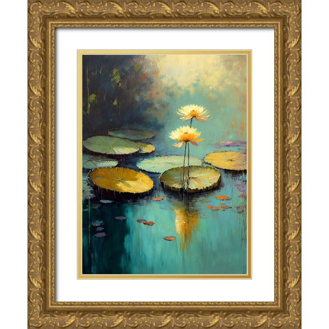 Water Lilies Gold Ornate Wood Framed Art Print with Double Matting by Treechild