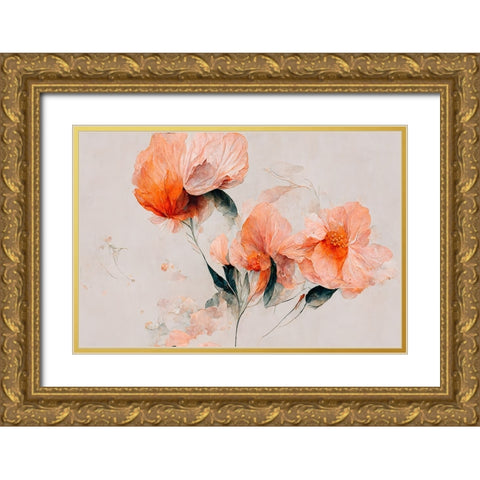 Filigree Coral Flowers Gold Ornate Wood Framed Art Print with Double Matting by Treechild