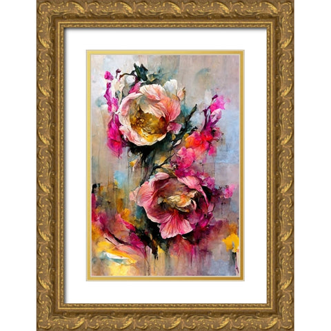 Wild Roses Gold Ornate Wood Framed Art Print with Double Matting by Treechild