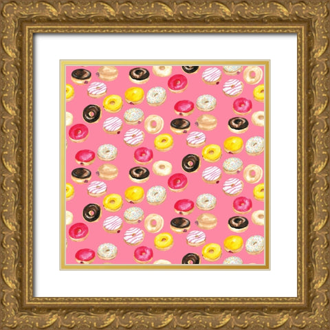 Watercolor donuts pattern in hot pink Gold Ornate Wood Framed Art Print with Double Matting by Laiz Blursbyai, Rosana