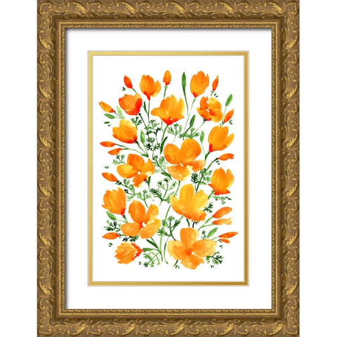 Watercolor California poppies Gold Ornate Wood Framed Art Print with Double Matting by Laiz Blursbyai, Rosana