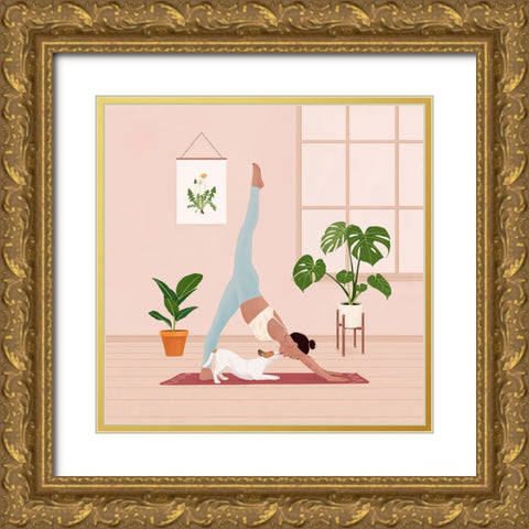 Downward Dog Gold Ornate Wood Framed Art Print with Double Matting by Holikova, Petra