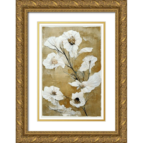 White Dry Flowers Gold Ornate Wood Framed Art Print with Double Matting by Treechild