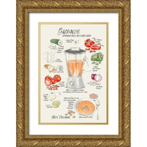 Gazpacho illustrated recipe in English Gold Ornate Wood Framed Art Print with Double Matting by Laiz Blursbyai, Rosana