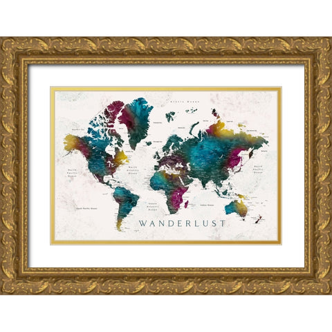 Charleena world map with cities - Wanderlust Gold Ornate Wood Framed Art Print with Double Matting by Laiz Blursbyai, Rosana