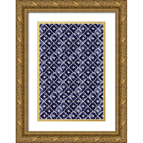 Blue Aquarell Tile Pattern Gold Ornate Wood Framed Art Print with Double Matting by Treechild