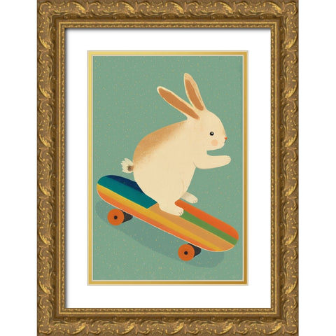 Bunny On Skateboard Gold Ornate Wood Framed Art Print with Double Matting by Treechild