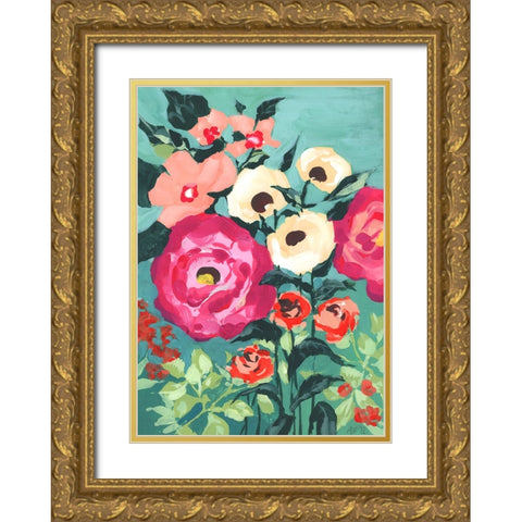 Viva Magenta Peonies Gold Ornate Wood Framed Art Print with Double Matting by Zwara, Ania