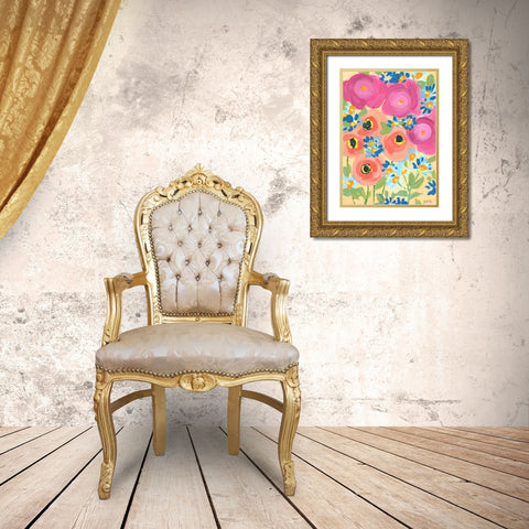 Pink Roses And Coral Anemones Gold Ornate Wood Framed Art Print with Double Matting by Zwara, Ania