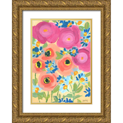 Pink Roses And Coral Anemones Gold Ornate Wood Framed Art Print with Double Matting by Zwara, Ania