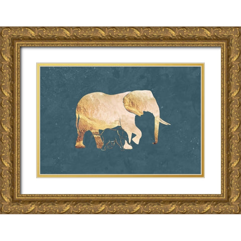 Gold green elephants 1 Gold Ornate Wood Framed Art Print with Double Matting by Manovski, Sarah
