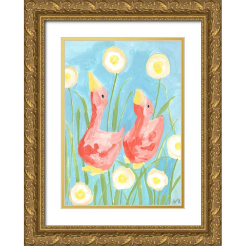 Coral Gees In The Garden Gold Ornate Wood Framed Art Print with Double Matting by Zwara, Ania