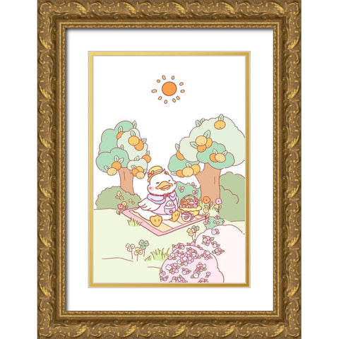 Little Duck Picnic up Gold Ornate Wood Framed Art Print with Double Matting by Thai, Xuan